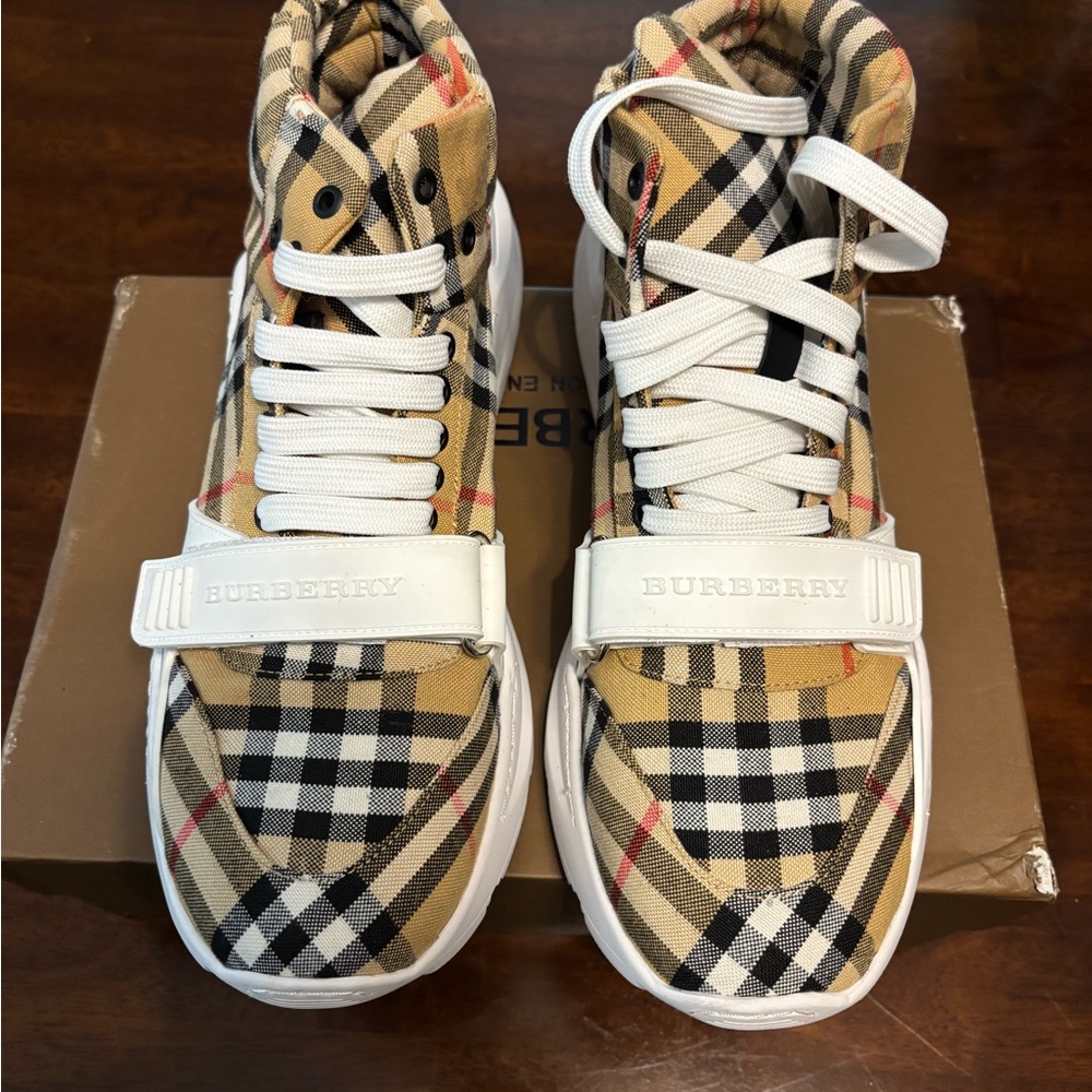 Burberry Plaid High-Top Sneakers - Beige and Black - Picture 2 of 8